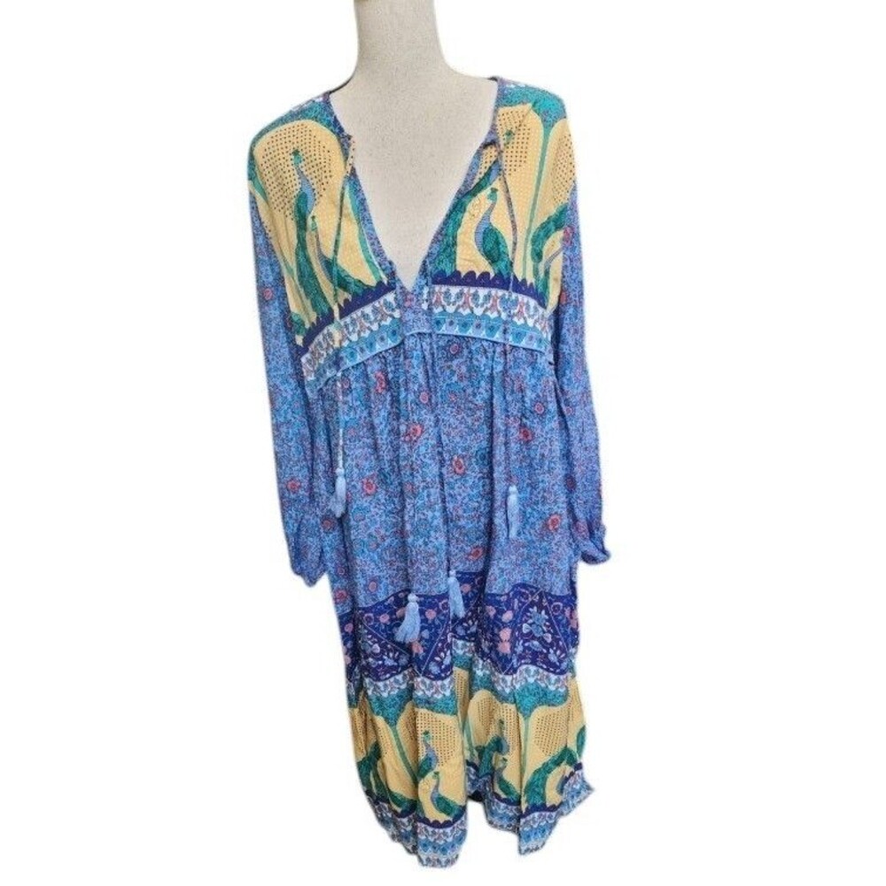 R. Vivimos Peacock Boho Dress Size 2XL Midi Flowy Tassel Neckline Long Sleeve